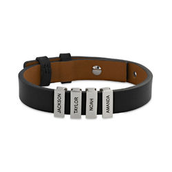 Men's Black Leather Bracelet with Custom Silver Bricks product photo