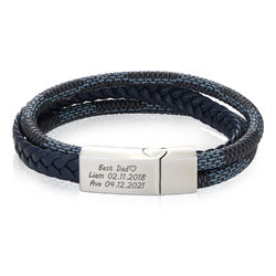 Men's 3-Layer Blue & Grey Braided Leather Bracelet With Stainless product photo