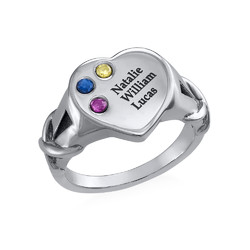 Heart Shaped Signet Mothers Ring with Birthstones - Silver product photo