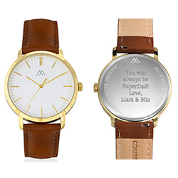 Hampton Engraved Minimalist Watch for Men with Brown Leather Strap product photo