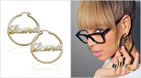 Beyonce with 18ct Gold Plated Silver Hoop Name Earrings